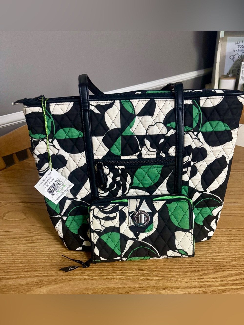NWT Vera Bradley Black Green White Quilted Floral Tote with EUC Wallet